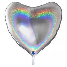 Stor Holografisk Folieballong Hjerte Sølv