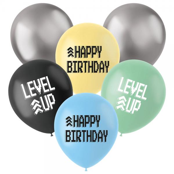 Latexballonger Level Up Birthday 6-pakning