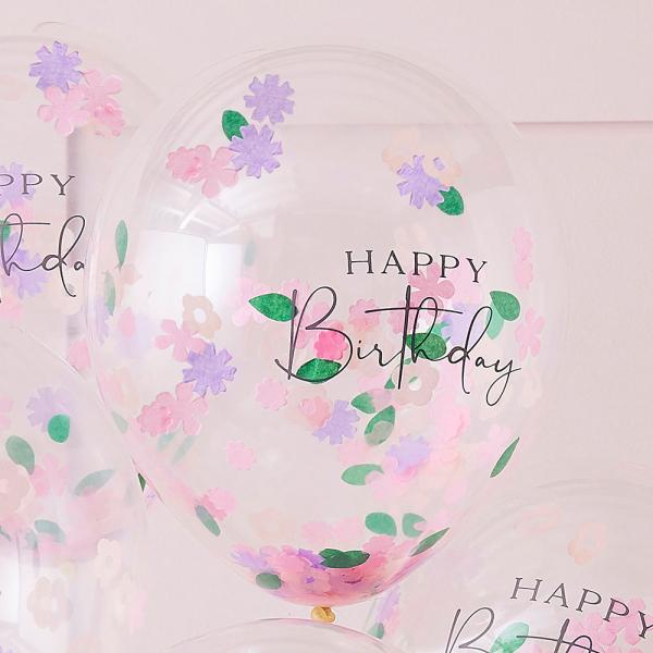 Konfettiballong Blomster Happy Birthday 5-pakning