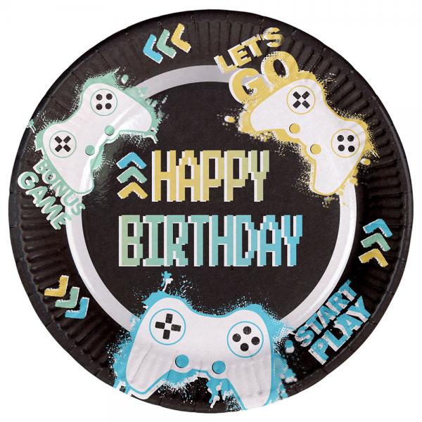 Papptallerkener Happy Birthday Gamer 23 cm 8-pakning