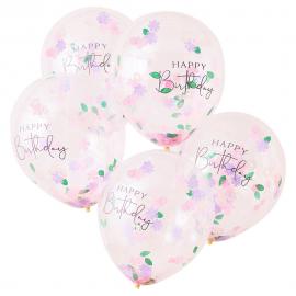 Konfettiballong Blomster Happy Birthday 5-pakning