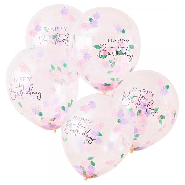 Konfettiballong Blomster Happy Birthday 5-pakning