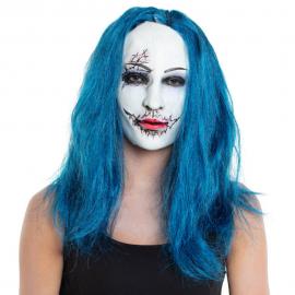 Creepy Woman Maske med Blått Hår